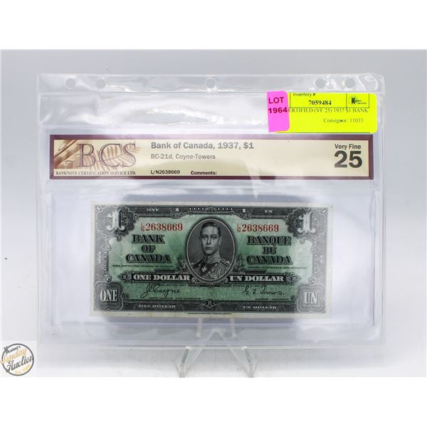 BCS CERTIFIED (VF 25) 1937 $1 BANK NOTE