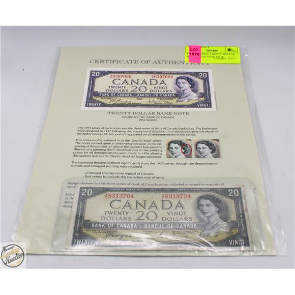 1954 CANADIAN TWENTY DOLLAR DEVILS HEAD BANK NOTE