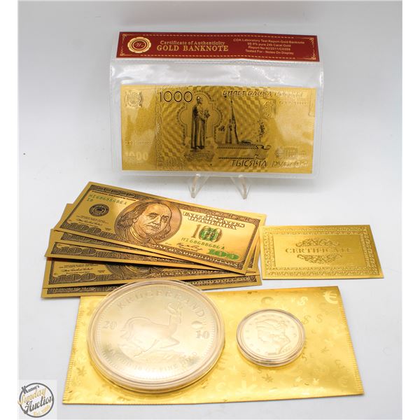 LOT OF "GOLD" FOIL BILLS AND REPLICA GOLD COINS
