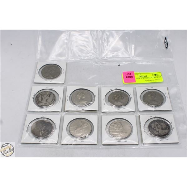 SHEET OF NINE CANADIAN DOLLAR COINS