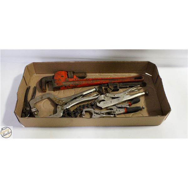 FLAT WITH ASSORTMENT OF VICE GRIPS AND PIPE