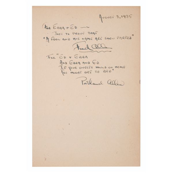 A Fred Allen Radio Star Signed Note.