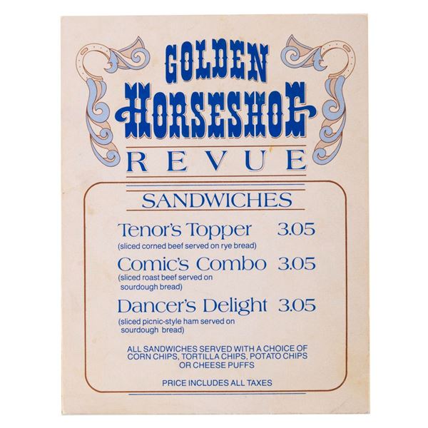 A 1982 Golden Horseshoe Revue Table Card Menu.