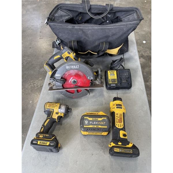 DEWALT 20V MAX CORDLESS TOOL SET WITH IMPACT DRILL, ROTARY CUT OUT TOOL, CIRCULAR SAW AND 3 BATTERIE