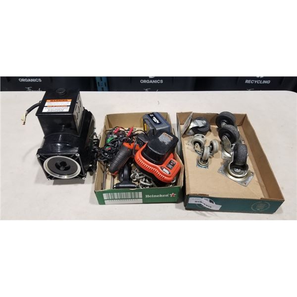 TRAY OF CASTERS AND TRAY W/ BATTERY CHARGERS, WRENCH, ETC