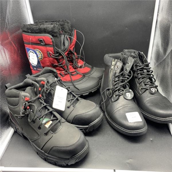 THREE PAIRS OF AS NEW SIZE 9 WORKLOAD STEEL TOE BOOTS, NEW WINTER BOOTS AND GEORGE BOOTS RETAIL $190