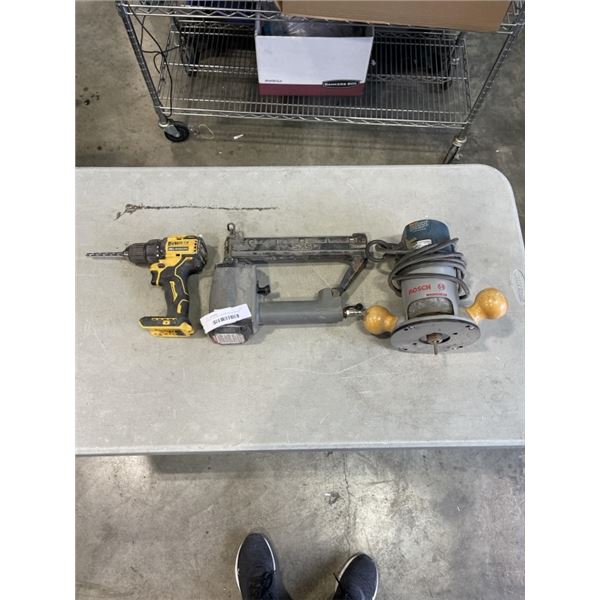 BOSCH ROUTER, SENCO AIR NAILER AND DEWALT DRILL NO BATTERY