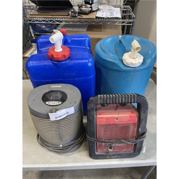 2 WATER JUGS AND TWO PORTABLE HEATERS