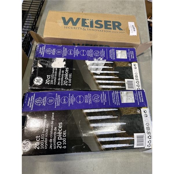 WEISER HALO ELECTRONIC ENTRANCE HANDLE, AND 2 ICYCLE LIGHT SETS, STORE RETURNS