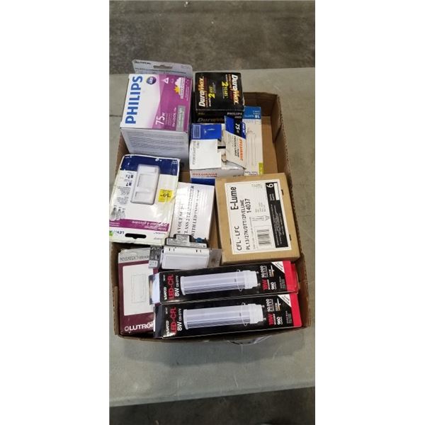 ASSORTED BULBS AND LIGHTS, 2 LUTRON DIMMERS ETC