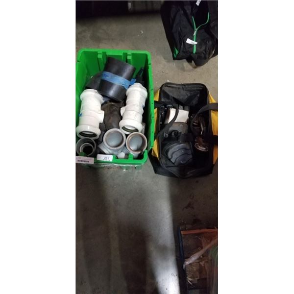 TOTE OF PLUMBING FITTINGS AND DEWALT TOOL BAG WITH HAND TOOLS, KNEEPADS ETC