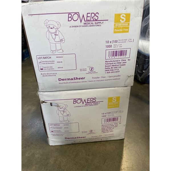 2 NEW CASES OF BOWERS VINYL GLOVES, SIZE SMALL, 1,000 GLOVER PER CASE
