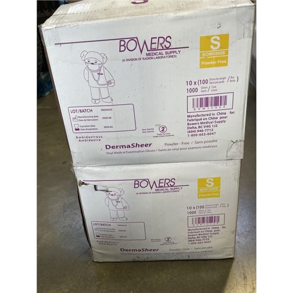 2 NEW CASES OF BOWERS VINYL GLOVES, SIZE SMALL, 1,000 GLOVER PER CASE