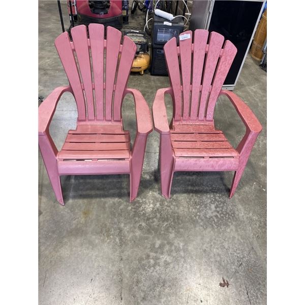 2 PLASTIC ADIRONDACK CHAIRS, RED, STACKING