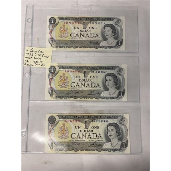 3 CANADIAN 1973 $1 BILLS MINT SHAPE, LAST YEAR $1 BILL
