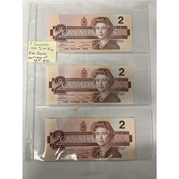 3 CANADIAN 1986 $2 BILLS BIRD SERIES, LAST ISSUES
