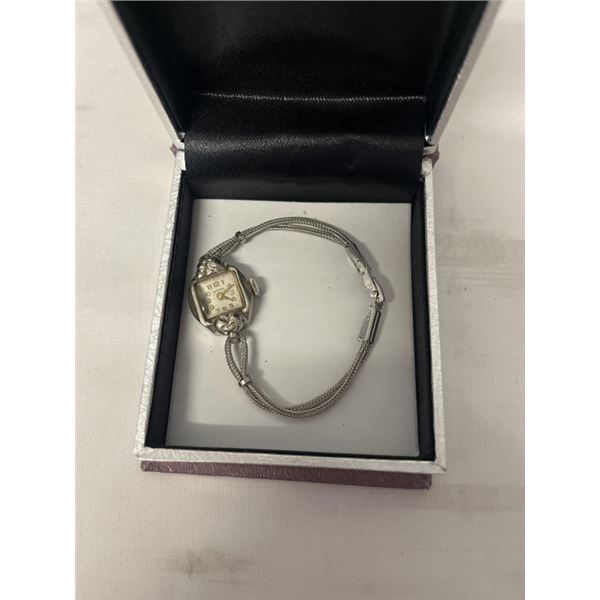 VINTAGE WHITE GOLD FILLED LADIES MECHANICAL WIND UP WATCH, HAMPDEN, WORKING, MARKED 10K RGP AND BAND