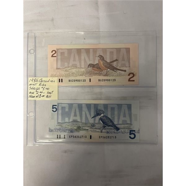 1986 CANADIAN MINT BIRD SERIES $5 PLUS $2 BILL, LAST ISSUE OF THE $2 BILL