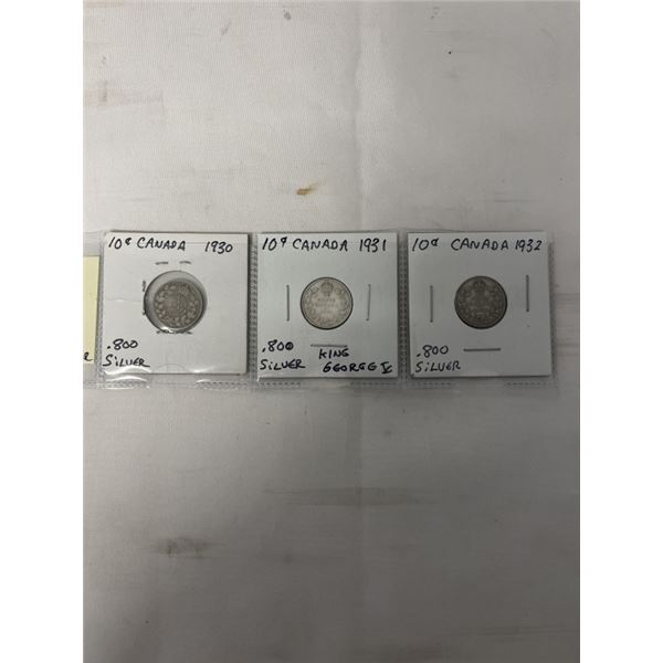 3 CANADIAN LOW MINTAGE SILVER DIMES 1930, 1931, 1932 .800 SILVER