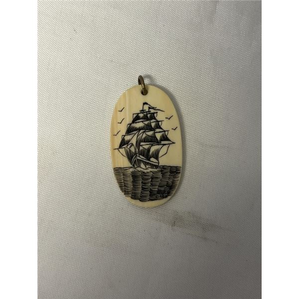 VINTAGE HAND ENGRAVED SAILING  SHIP ON IVORY PENDANT