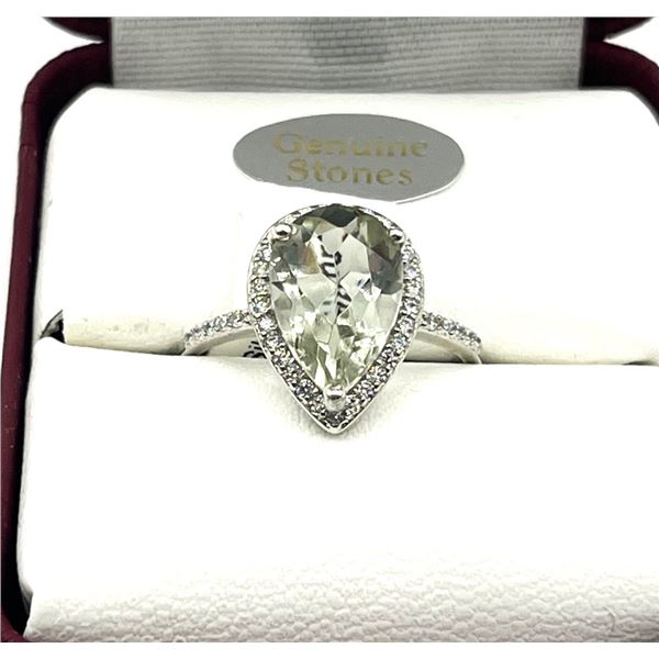 STERLING SILVER NATURAL GREENED AMETHYST (4CT0 WITH CZ (0.20CT) PEAR SHAPE RING, SIZE 6, W/A $470.00