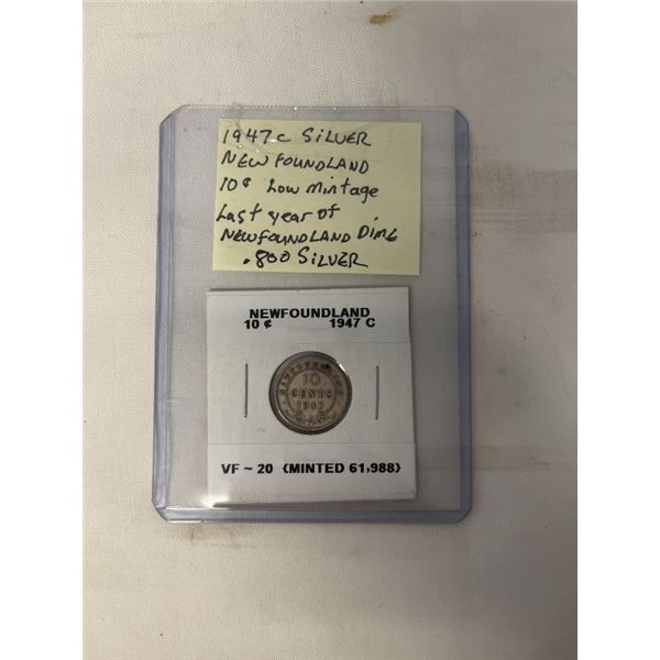 1947 SILVER NEWFOUNDLAND 10 CENT LOW MINTAGE LAST YEAR OF THE NEWFOUNDLAND DIME .800 SILVER