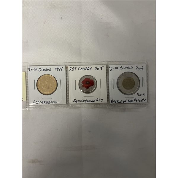 3 REMEBRANCE DAY COINS 1995 PEACEKEEPING $1, 2015 POPPY 25 CENT, 2016 BATTLE OF THE ATLANTIC