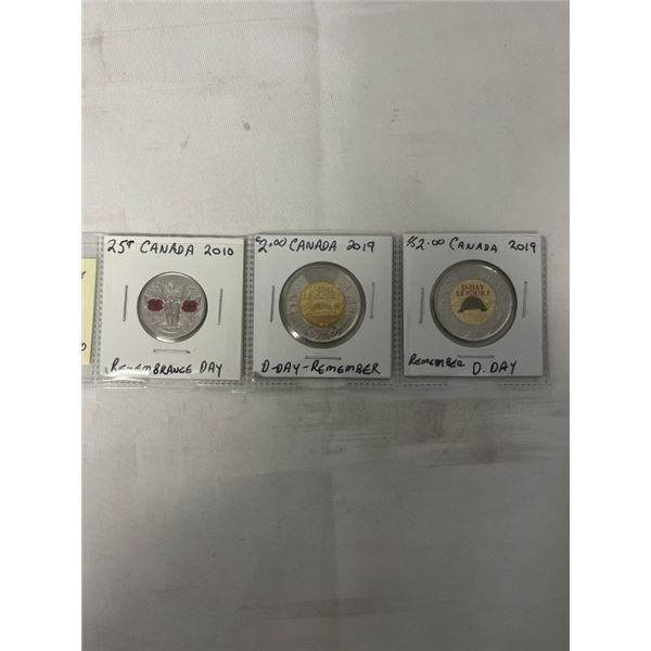 3 REMEMBRANCE DAY COINS - 2010 POPPY 25 CENT AND BOTH TYPES 2019 D-DAY $2