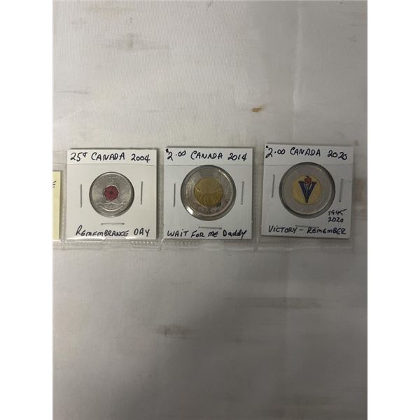3 REMEMBRANCE DAY COINS - 2004 25 CENT, 2014 $2 WAIT FOR ME DADDY, 2020 VICTORY $2