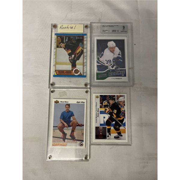 4 CANUCK CARDS, TREVOR LINDEN ROOKIE, CODY HODGSON ROOKIE, AND BURE