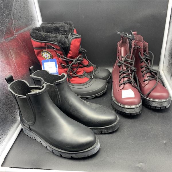THREE PAIRS OF NEW SIZE 7 WINTER BOOTS, LOW HEEL BOOTS AND RUBBER BOOTS RETAIL $120