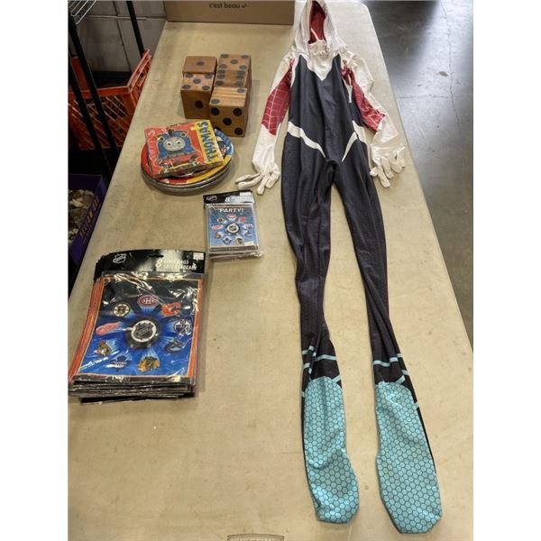BOX OF NEW PARTY SUPPLIES, YARD Z WOODEN DICE AND SPIDER-MAN OUTFIT