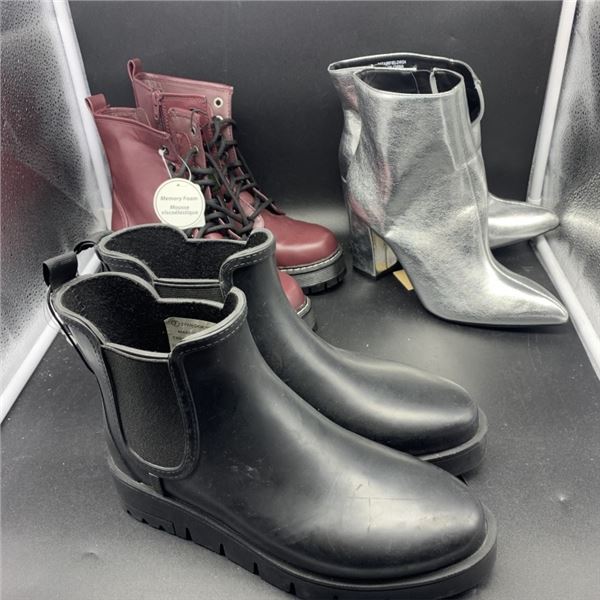 THREE PAIRS OF NEW SIZE 7 MADDEN NYC HIGH HEEL BOOTS, LOW HEEL BOOTS AND RUBBER BOOTS RETAIL $180