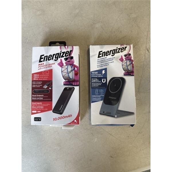 ENERGIZER MAX POWER BANK WITH LCD SCREEN AND DUAL OUTPUTS, AND ENERGIZER ULTIMATE MAGNETIC WIRELESS 
