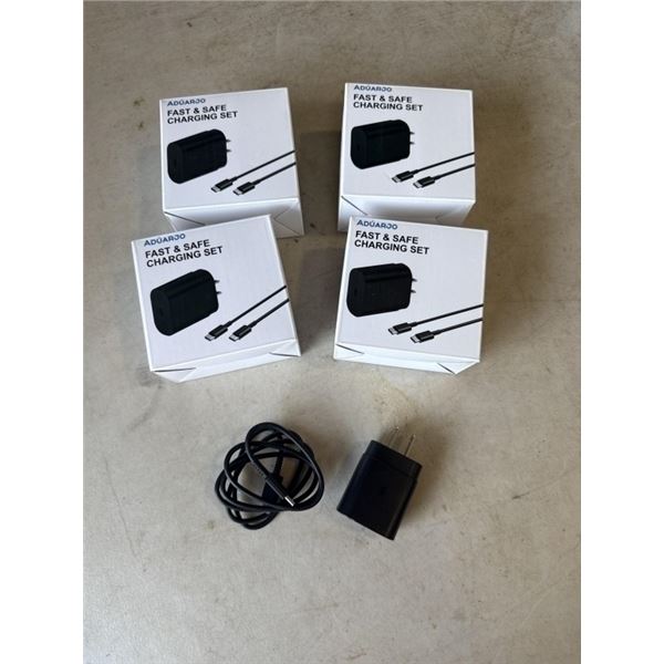 8 NEW TYPE C FAST CHARGER SETS, 2 WALL PLUGS AND 2 TYPE C CORDS PER BOX, 8 TOTAL SETS