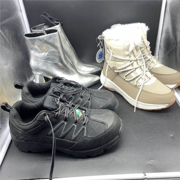 THREE PAIRS OF NEW SIZE 8 MADDEN NYC HIGH HEEL BOOTS, WINTER BOOTS AND PREOWNED WORKLOAD STEEL TOED 