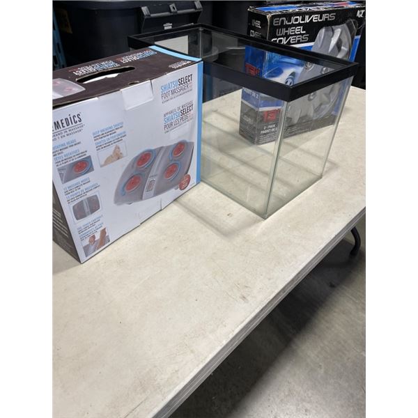 2  13" HUB CAPS, FOOT MASSAGER,  AND GLASS AQUARIUM