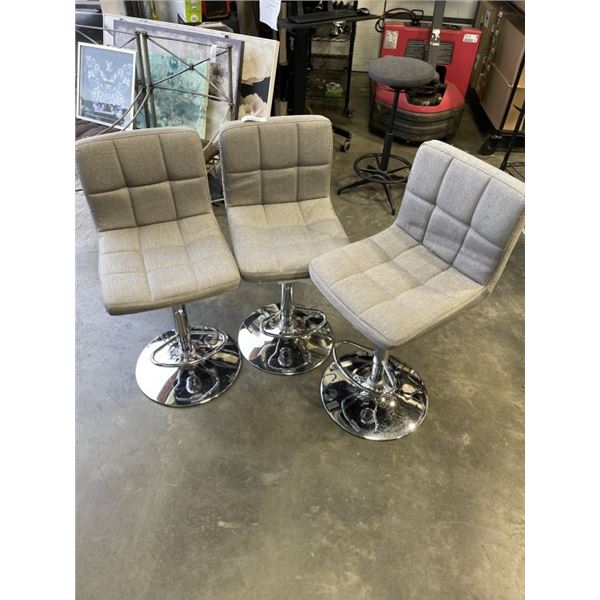 3 GREY FABRIC BAR STOOLS, CAT TORN
