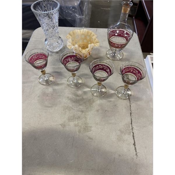 DECANTER W/ GLASSES, CRYSTAL VASE, AND ART GLASS