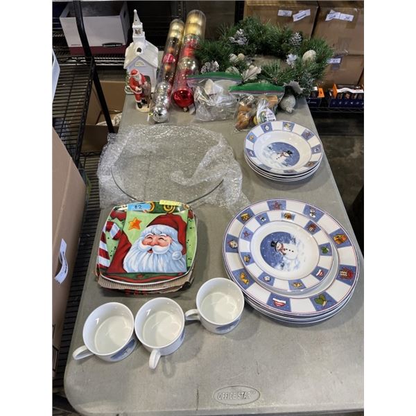 ASSORTED CHRISTMAS DECOR, PLATES AND SERVING ITEMS ETC