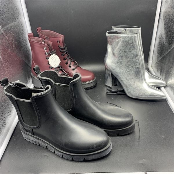 THREE PAIRS OF NEW SIZE 7 MADDEN NYC HIGH HEEL BOOTS, LOW HEEL BOOTS AND RUBBER BOOTS RETAIL $180