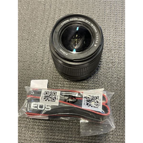 CANON ZOOM LENSE AND CAMERA STRAP, TOTAL RETAIL $189