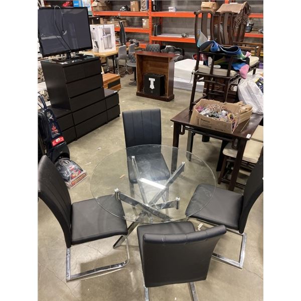 GLASS TOP DINING TABLE W/ 4 BLACK LEATHER-LOOK CHAIRS