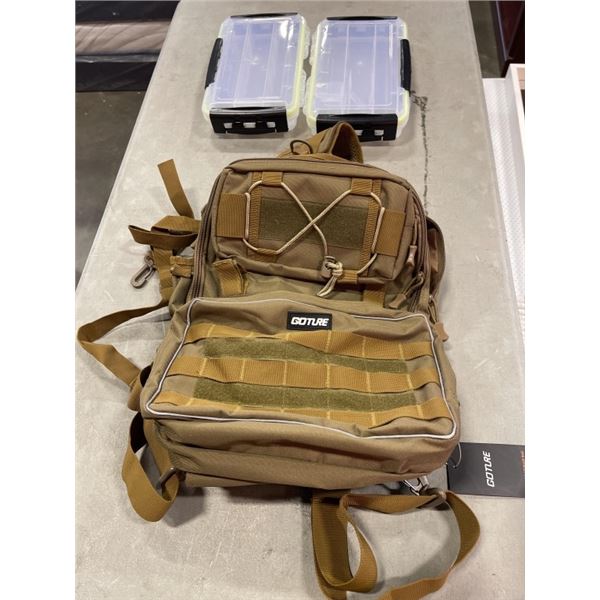 NEW FISHING BACKPACK WITH 2 PLASTIC TACKLE ORGANIZERS, RETAIL $140