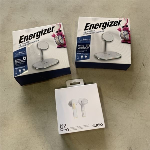 2 ENERGIZER ULTIMATE WIRELESS 3 IN 1 CHARGER STANDS AND SUDIO N2 PRO WHITE WIRELESS BLUETOOTH EARBUD