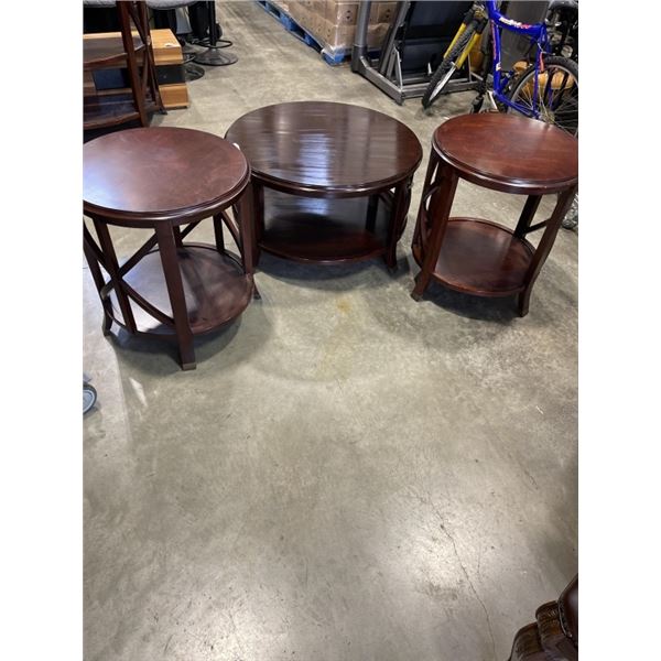 3 PC BOMBAY CO. ROUND MAHOGANY FINISH COFFEE TABLE
