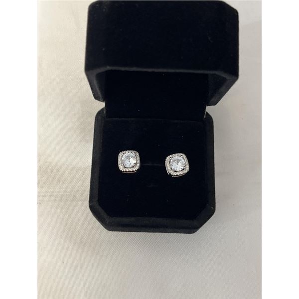 NEW PLATINUM PLATED 0.8CT EACH SIMULATED DIAMOND (CZ) HALO STUD EARRINGS