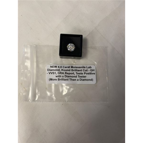 NEW 4.0 CARAT MOISSANITE LAB DIAMOND, ROUND BRILLIANT CUT - GH - VVS1, GRA REPORT, TESTS POSITIVE WI