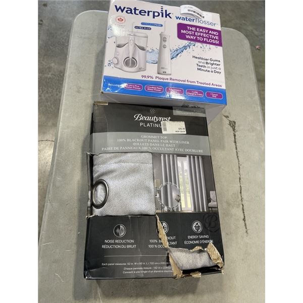 BEAUTYREST PLATINUMN BLACKOUT CURTAIN PANELS, 90 INCH AND WATERPIK WATER FLOSSER, BOTH STORE RETURNS