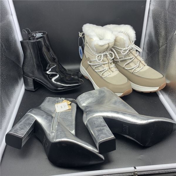 THREE PAIRS OF NEW SIZE 9 MADDEN NYC HIGH HEEL BOOTS, LOW HEEL BOOTS AND WINTER BOOTS  RETAIL $150